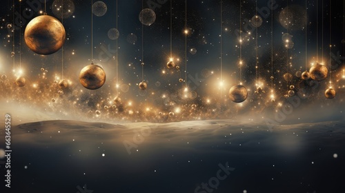 Luxury golden Christmas balls on celestial nebula background. Generative AI