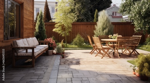 Beautiful of modern terrace with deck flooring and fence, green potted flowers plants and outdoors furniture. Cozy relaxing area at home. Generative AI