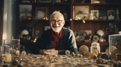 A grandpa proudly showcasing his prized vintage coin collection photo