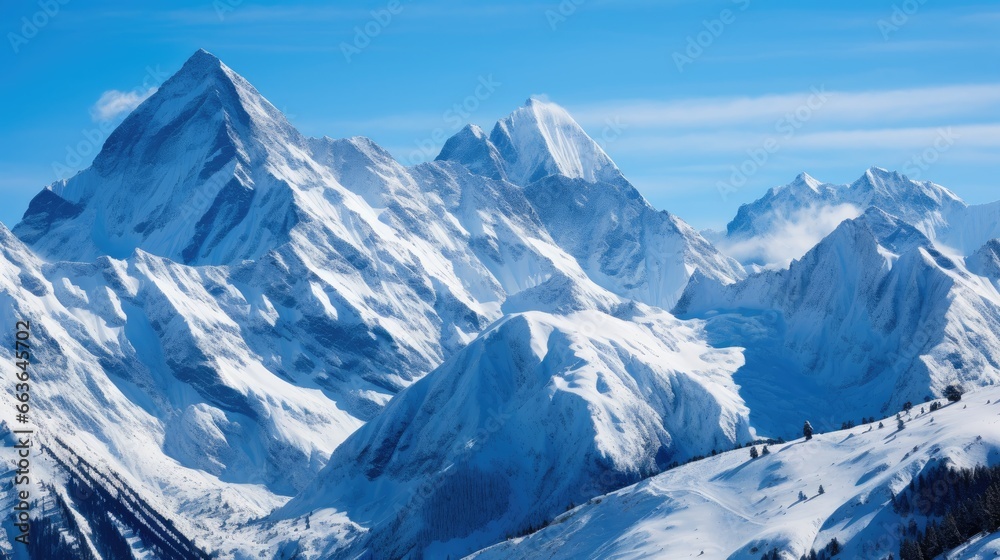 Majestic snowy mountain range against clear blue sky. Generative AI