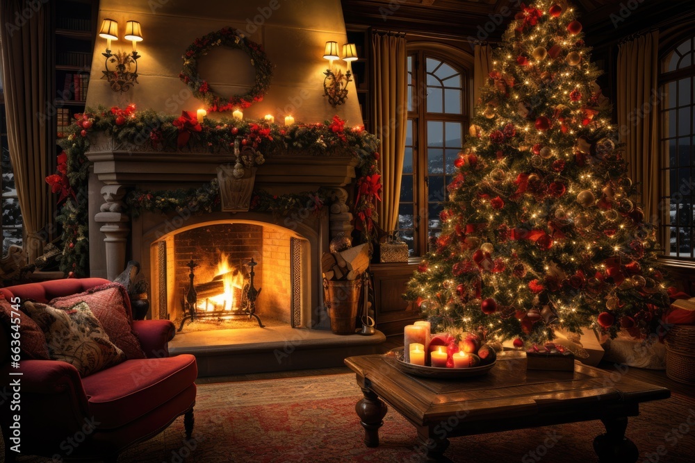 Stylish interior of living room with fireplace decorated Christmas tree. Christmas decoration. Generative AI