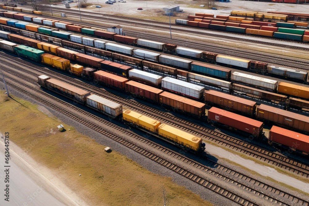 Overhead view of extensive railway freight trains and their parked wagons