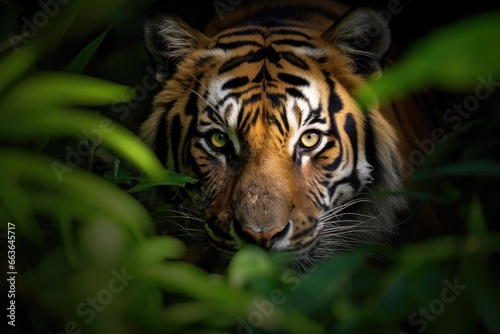 Close-up shot of a majestic tiger in its natural habitat, hidden among dense foliage in a lush jungle. Generative AI © kardaska