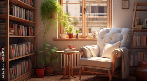 A cozy reading room with an armchair and a bookshelf and a large window. Generative AI