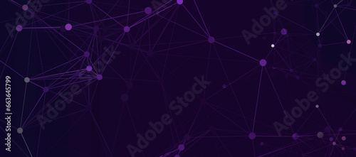 Texture chaotic communication network. Pattern connecting lines, dots, glow stars. Purple background frame.