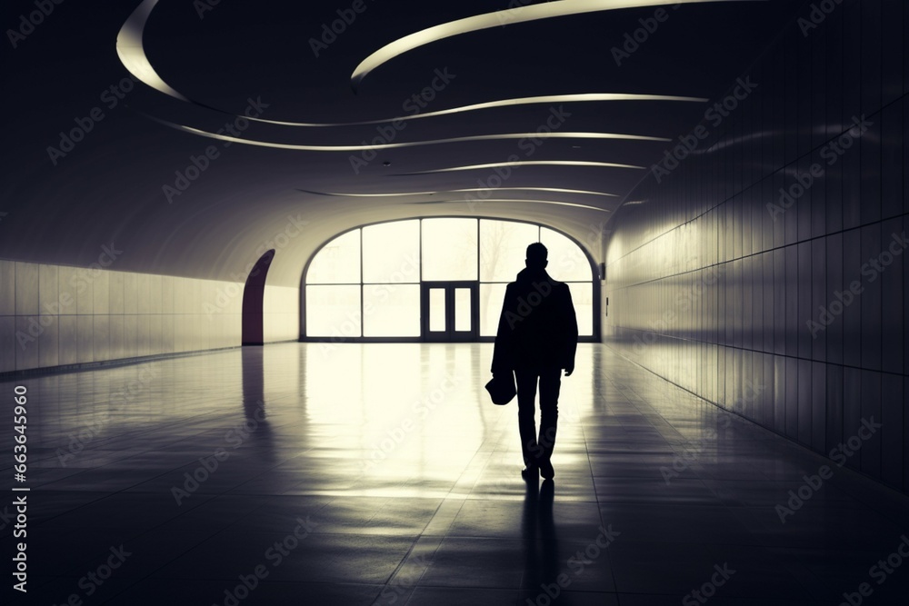 Solitary figure in silhouette traverses an empty, echoing corridor