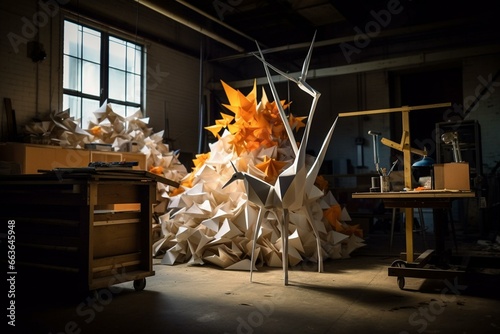 Creative paper crane sculpture in a studio setting. Generative AI