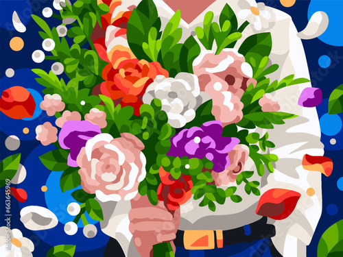 A dominant vector illustration of vibrant flowers, accentuated by the presence of a man's hand delicately cradling them