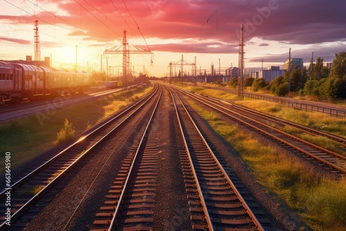 Sunset illuminates railway tracks from above, a picturesque backdrop for cargo shipping