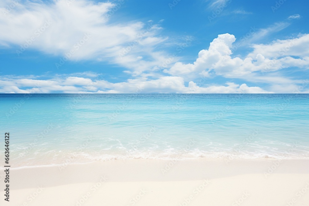 A beach with blue water, clouds, and a long line of sand in the foreground, with a blue sky and white sand beach in the foreground. Generative AI