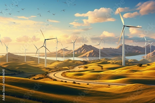 scenic panorama wind farm, tall turbines producing renewable energy. Generative AI