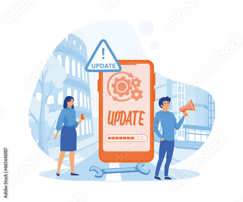 Cartoon software update people for mobile app design. Isometric vector illustration. flat vector modern illustration 