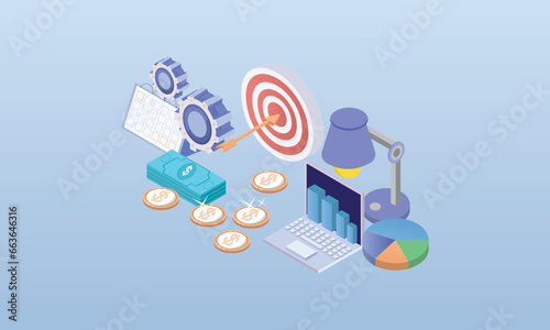 Business target concept Businessman with bow and arrow aiming at the target center.on blue background.3D design.isometric vector design Illustration.