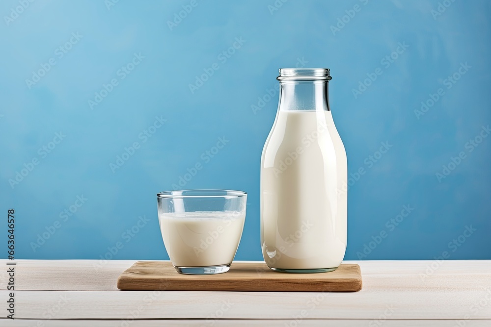 A bottle of milk and a glass of milk on a wooden table on a blue background. A bottle of milk and a glass of milk on a wooden table on a blue background.