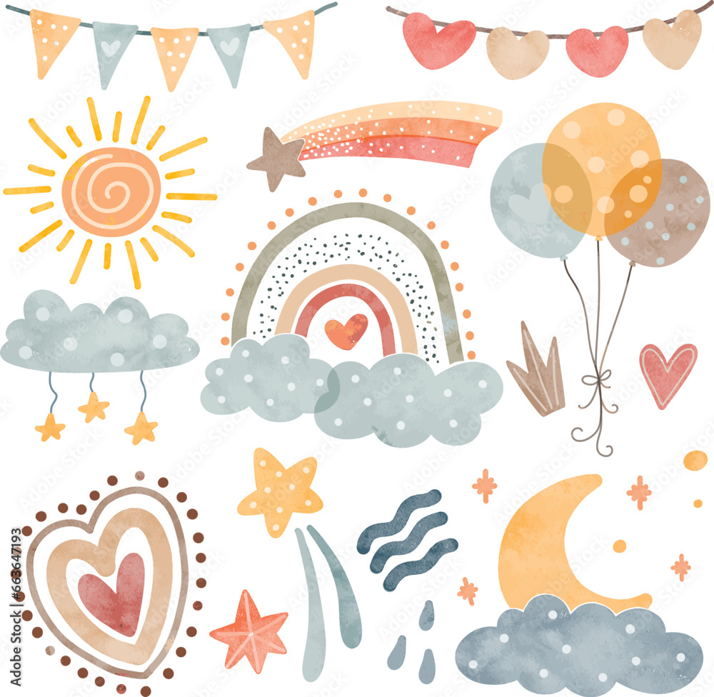 Watercolor Illustration set of rainbow, cloud, star, balloons and cute elements Watercolor Illustration set of rainbow, cloud, star, balloons and cute elements