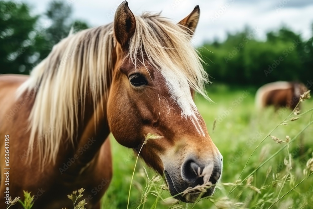 Obraz premium Brown horse with blond hair eats grass on a green meadow detail from the head.