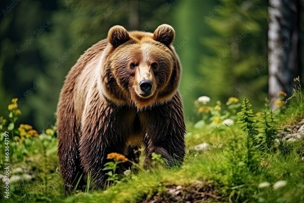 Brown bear moving on the green meadow in springtime nature. Brown bear moving on the green meadow in springtime nature.