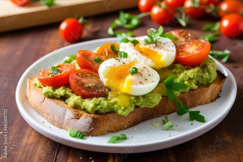 Avocado toast with eggs and roasted tomatoes.