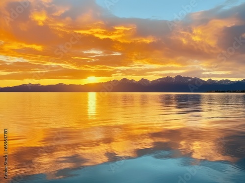 Bright sunset over Lake golden clouds reflect in the water.