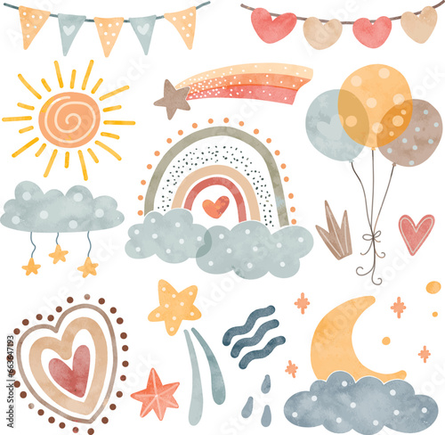 Watercolor Illustration set of rainbow, cloud, star, balloons and cute elements