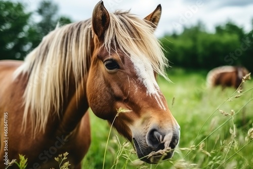 Brown horse with blond hair eats grass on a green meadow detail from the head. © SAJEDA