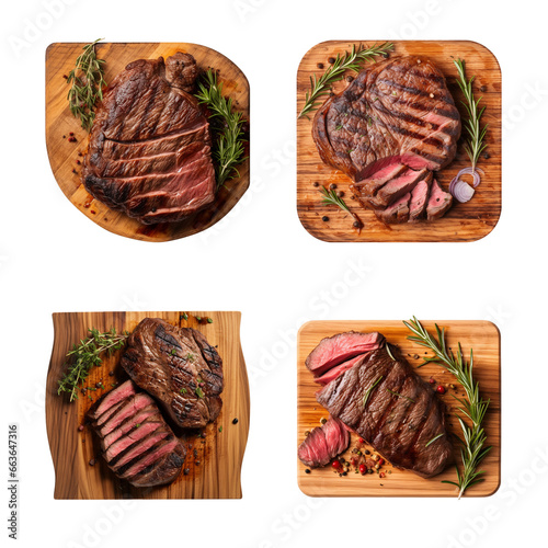 top view tasty grilled and smoked beef steak on a wooden plate isolated on a transparent background © agungai