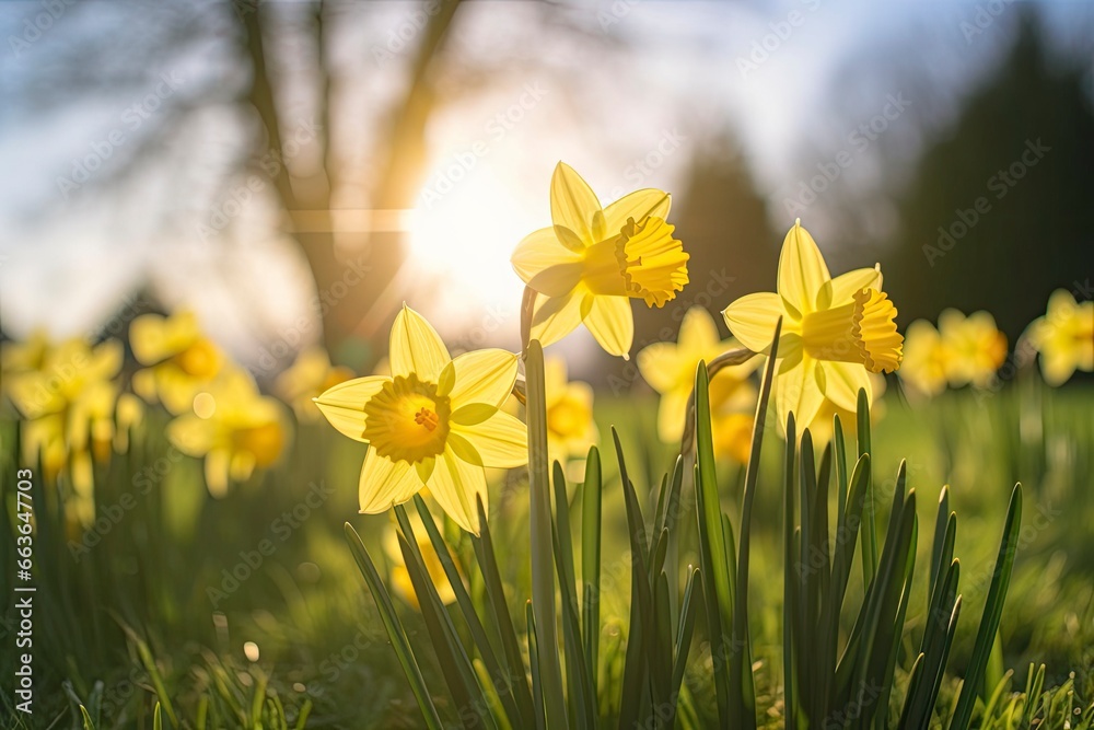 Obraz premium Daffodils in spring backlit by sun.