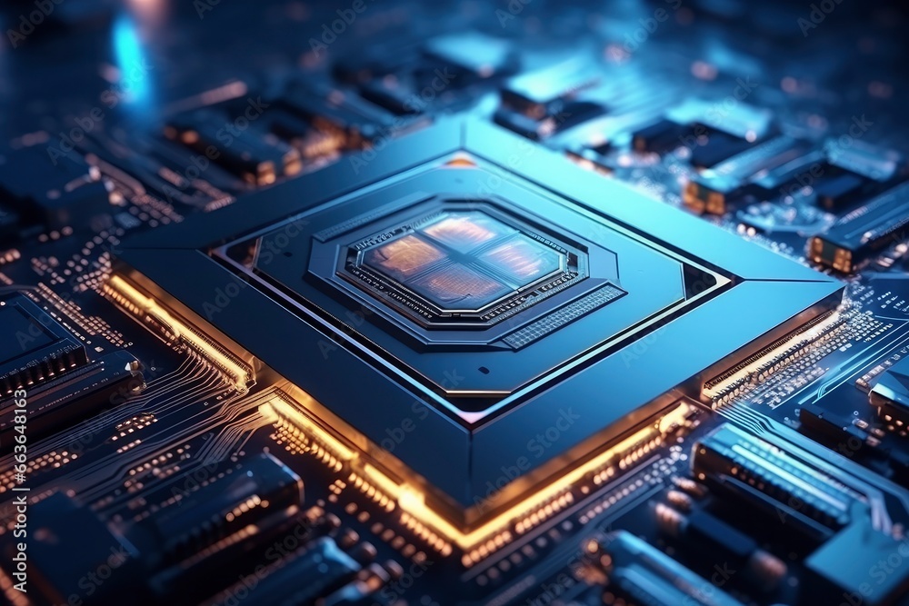 Futuristic central processor unit. Powerful Quantum CPU motherboard.