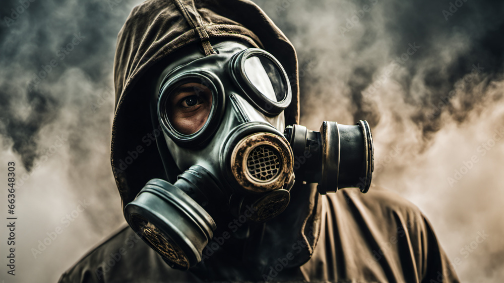 Survival in the Haze, Navigating Danger with Resolve, Wearing a Gas Mask Amidst Dangerously Polluted Conditions for a Breath of Resilience