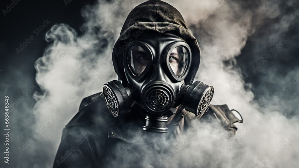 Survival in the Haze, Navigating Danger with Resolve, Wearing a Gas Mask Amidst Dangerously Polluted Conditions for a Breath of Resilience