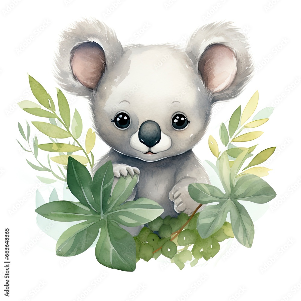 Happy cute koala in leaves in the watercolor style on the white background. Happy cute koala in leaves in the watercolor style on the white background.