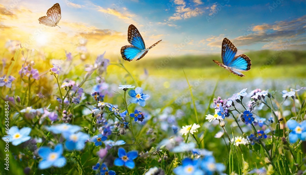 meadow with flowers and butterflies - obrazy, fototapety, plakaty 