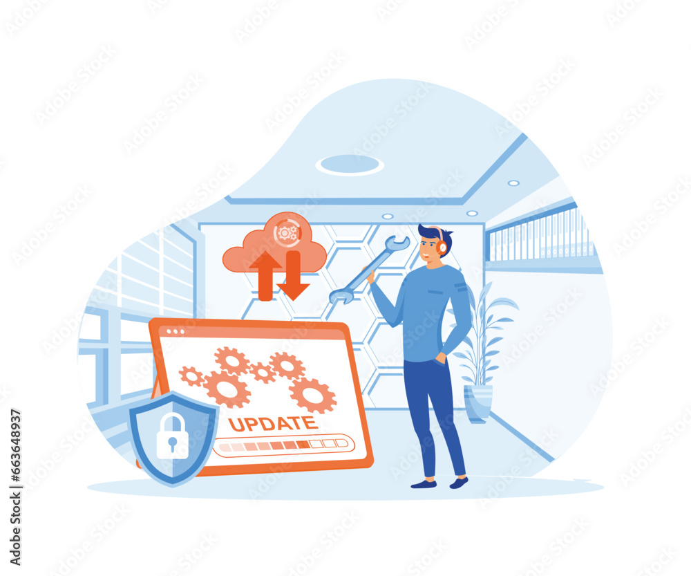 system maintenance, update program and application, technology, engineer, error, fixing a trouble, device updating. flat vector modern illustration