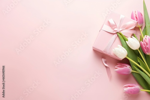 Pink gift box with ribbon bow and bouquet of tulips on isolated pastel pink background. #663648966