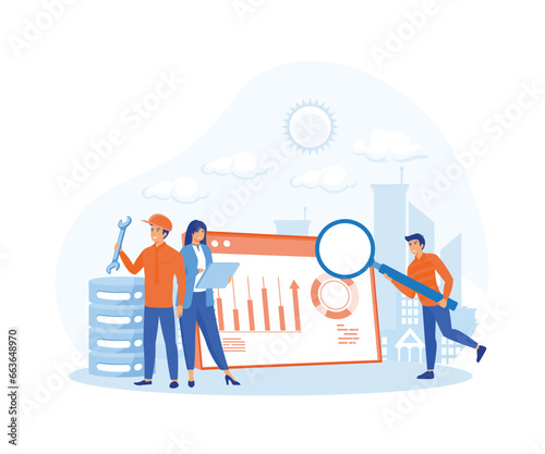 Web hosting or cloud computing poster with system admins. flat vector modern illustration 