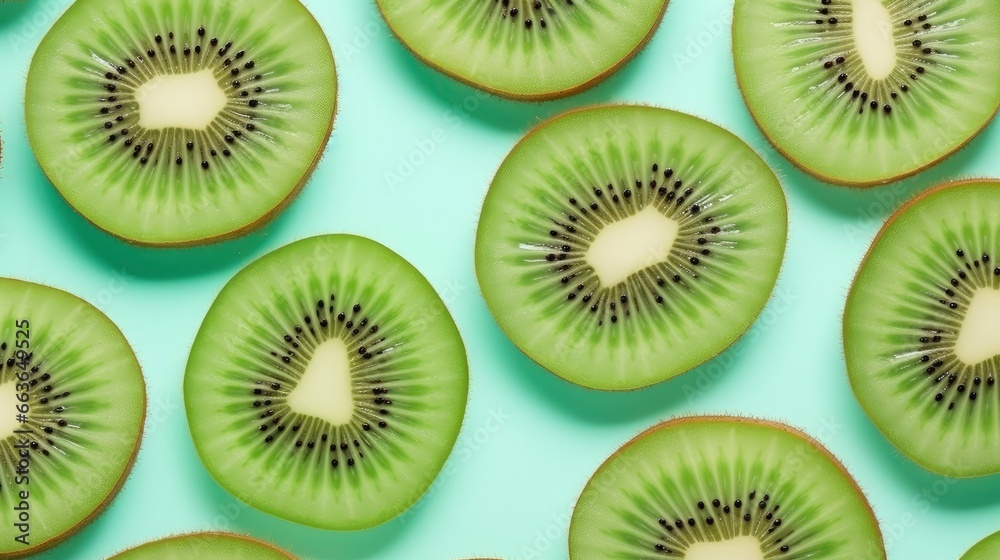 Slices of kiwi fruit and green mint leaves on a light pastel blue background. Slices of kiwi fruit and green mint leaves on a light pastel blue background.