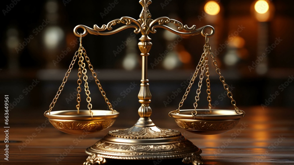 Golden scales of justice in the courthouse, concept of legislature, judiciary and justice - obrazy, fototapety, plakaty 