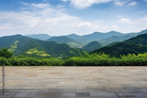 Square floor and green mountain nature landscape. #663649549