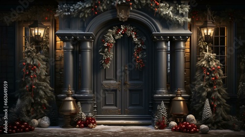 Christmas New Year holiday beautiful winter decorations of the entrance doors to the house, background