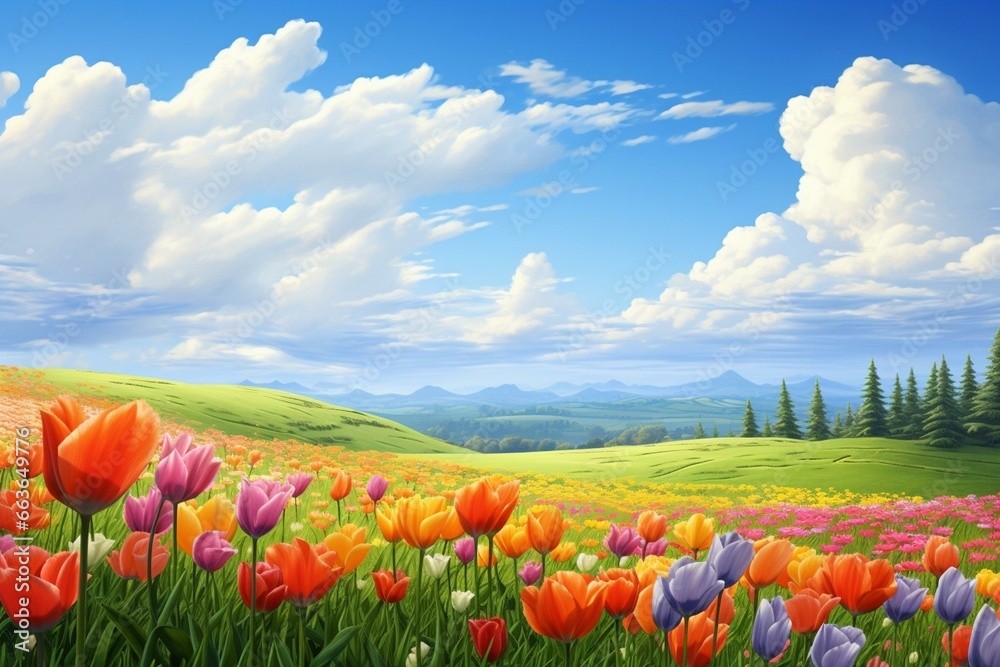 Vibrant countryside scene: tulips blooming in meadow, with rolling hills and blue sky background. Generative AI