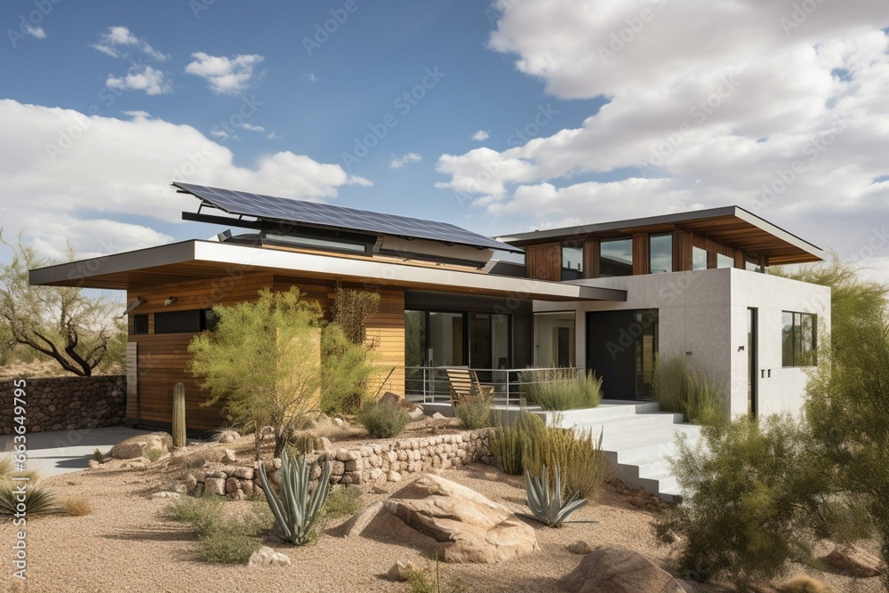 Contemporary home featuring solar panels on the roof. Generative AI