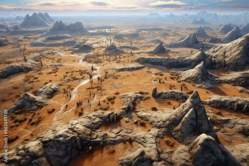 bird's-eye view of expansive arid terrain. Generative AI