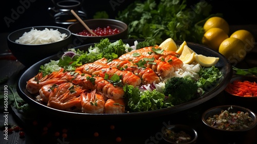 Salmon and vegetables on the table