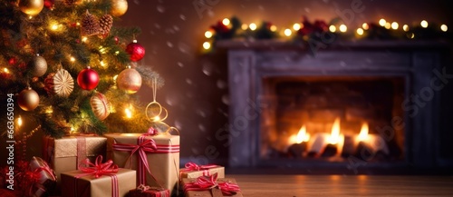 Christmas Home Room, Gift Box Below Tree With Lights And Fireplace.