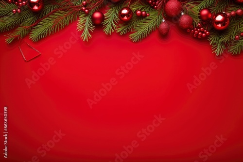 red christmas ball on branch red background.