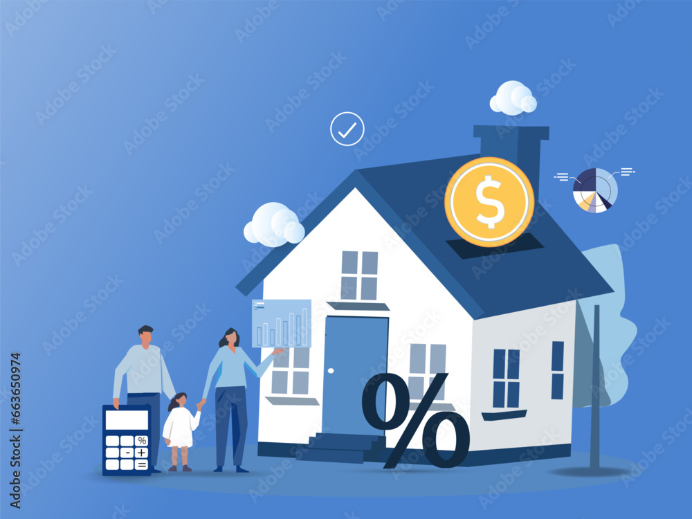 Family buying home with mortgage and paying credit to bank. People invest money in real estate property. House loan, rent and mortgage Concept. vector illustration. - obrazy, fototapety, plakaty 
