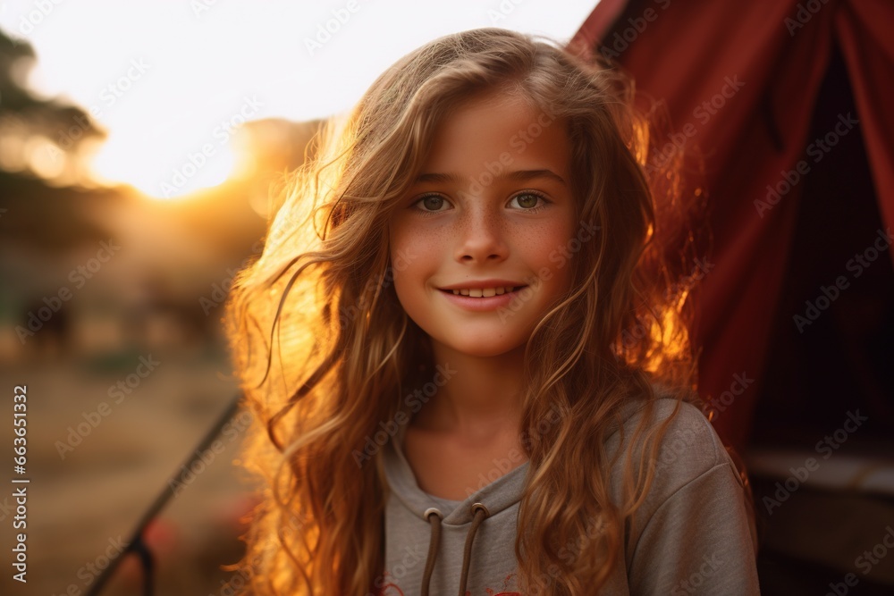 Portrait of cute little girl at camera while standing near camping tent at sunset Portrait of cute little girl at camera while standing near camping tent at sunset