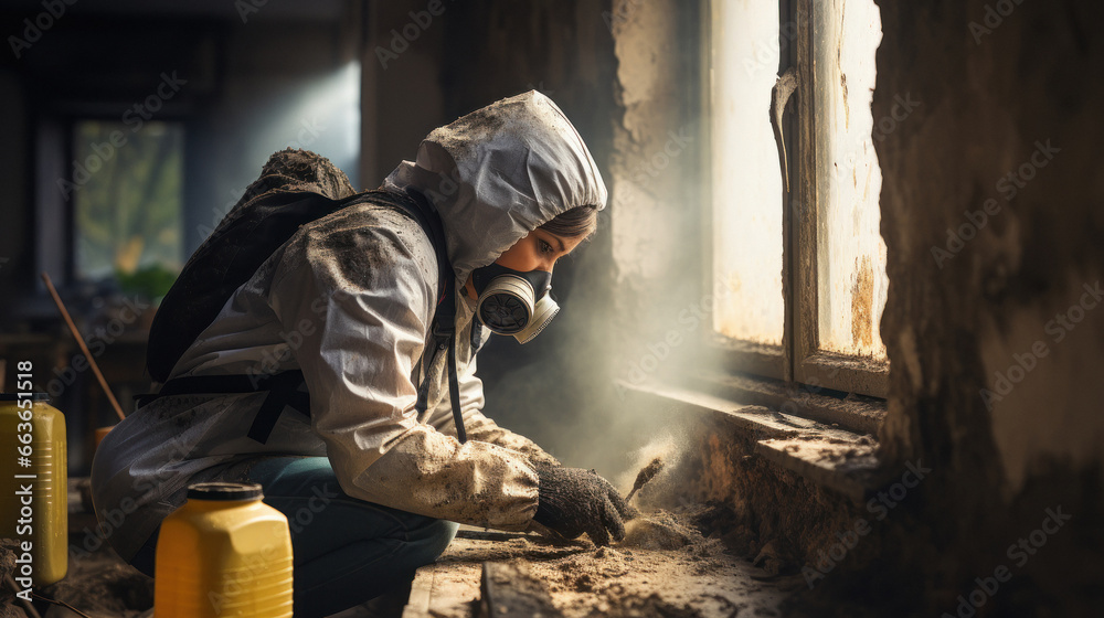 Fototapeta premium Young woman wearing apron and mask at workplace.