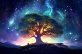 A cosmic meditation under a majestic tree, gazing at distant galaxies and nebulae in the vast universe. Generative AI