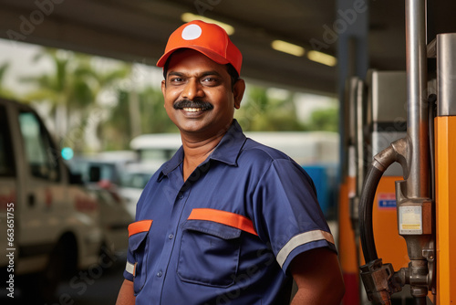 Indian driver or labor in uniform standing with transportation vehicle